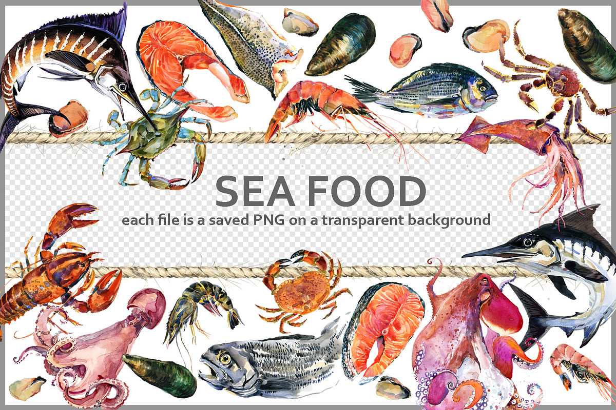 Fresh Sea Food: Watercolor Set, a Food Illustration by FineArt (Photo 1 of 4)