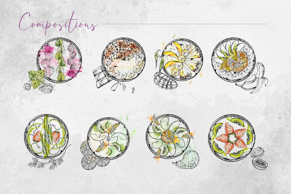 Smoothie bowls. Watercolor & ink art, a Food Illustration by MsFlaffy (Photo 8 of 19)
