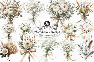 White Boho Wedding Floral Bouquet, an Illustration by Designking