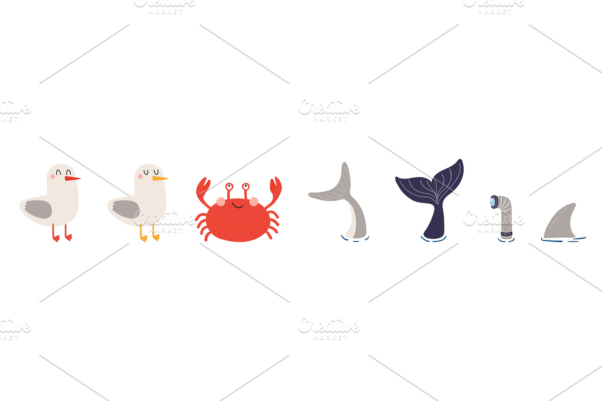 Cute seagull, crab, whale, shark, an Animal Illustration by sceptical cactus