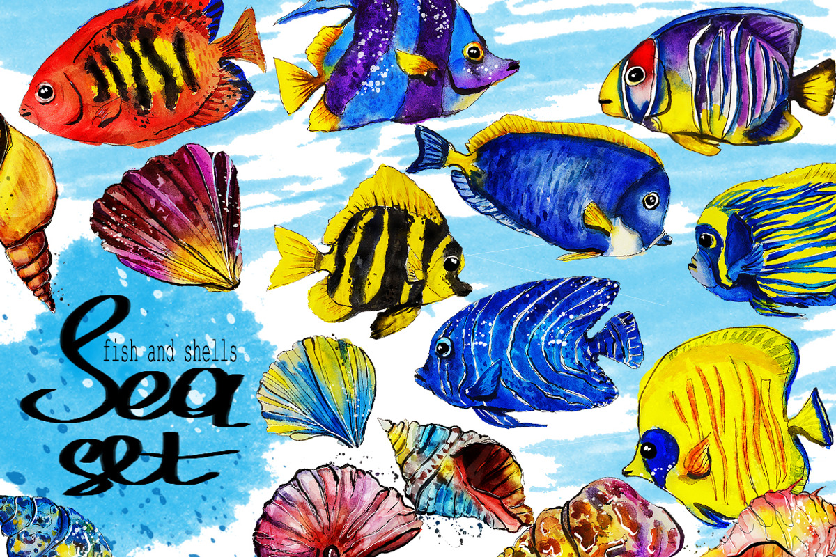 set of watercolor fish and shells, an Animal Illustration by art_mouse (Photo 1 of 7)