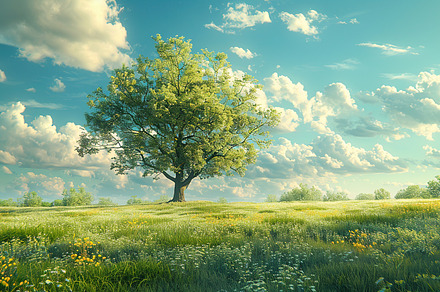 Lush green field under blue skies wi, a Photo by LOGOCREATIVE