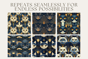 8 Art Deco Cats Seamless Patterns