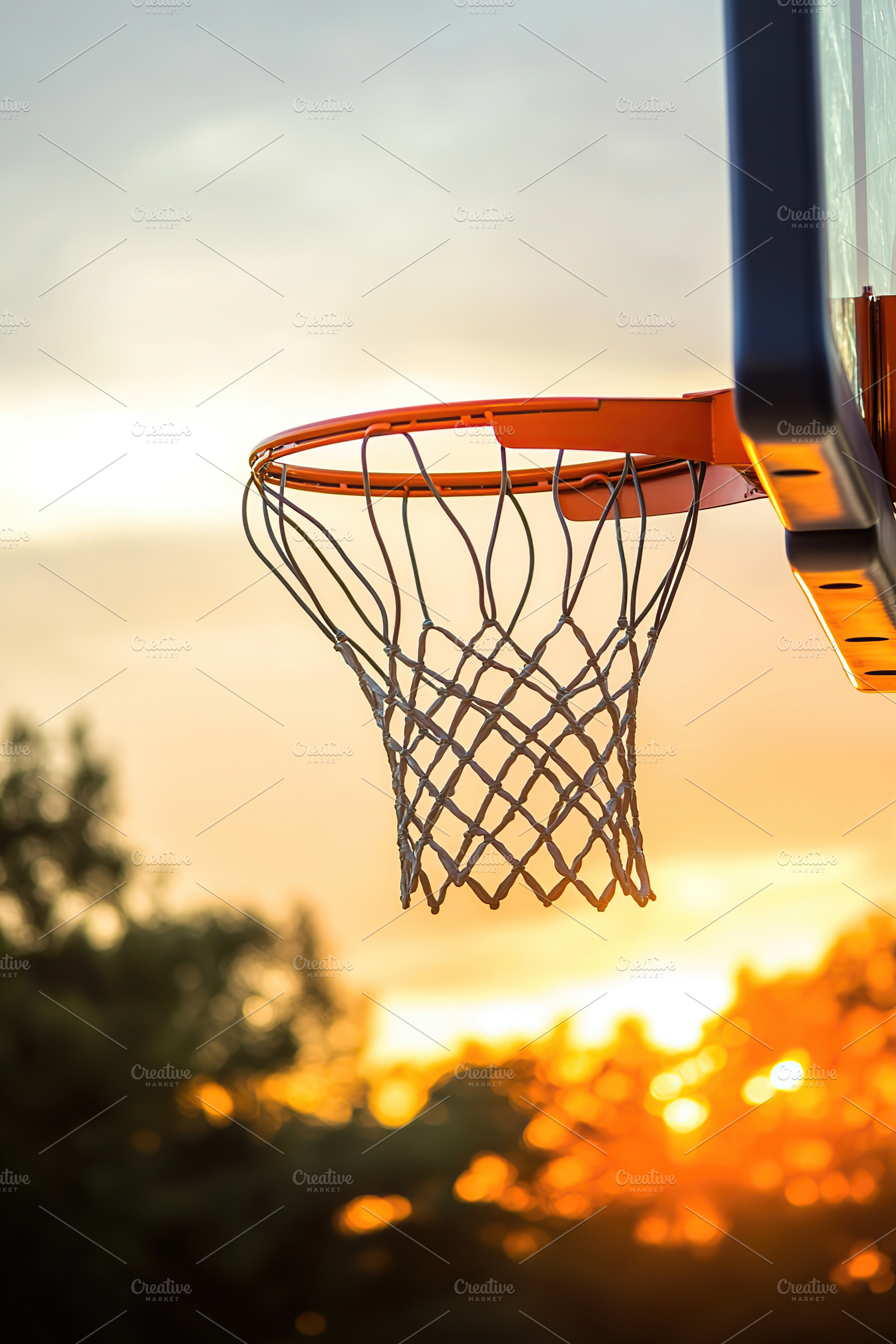 Basketball hoop illuminated by sunset, capturing the essence of evening sports, a Photo by AlyaAnd