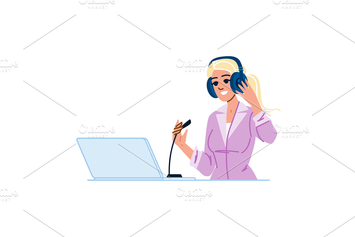 Radio host broadcasting, wearing, a Technology Illustration by pikepicture