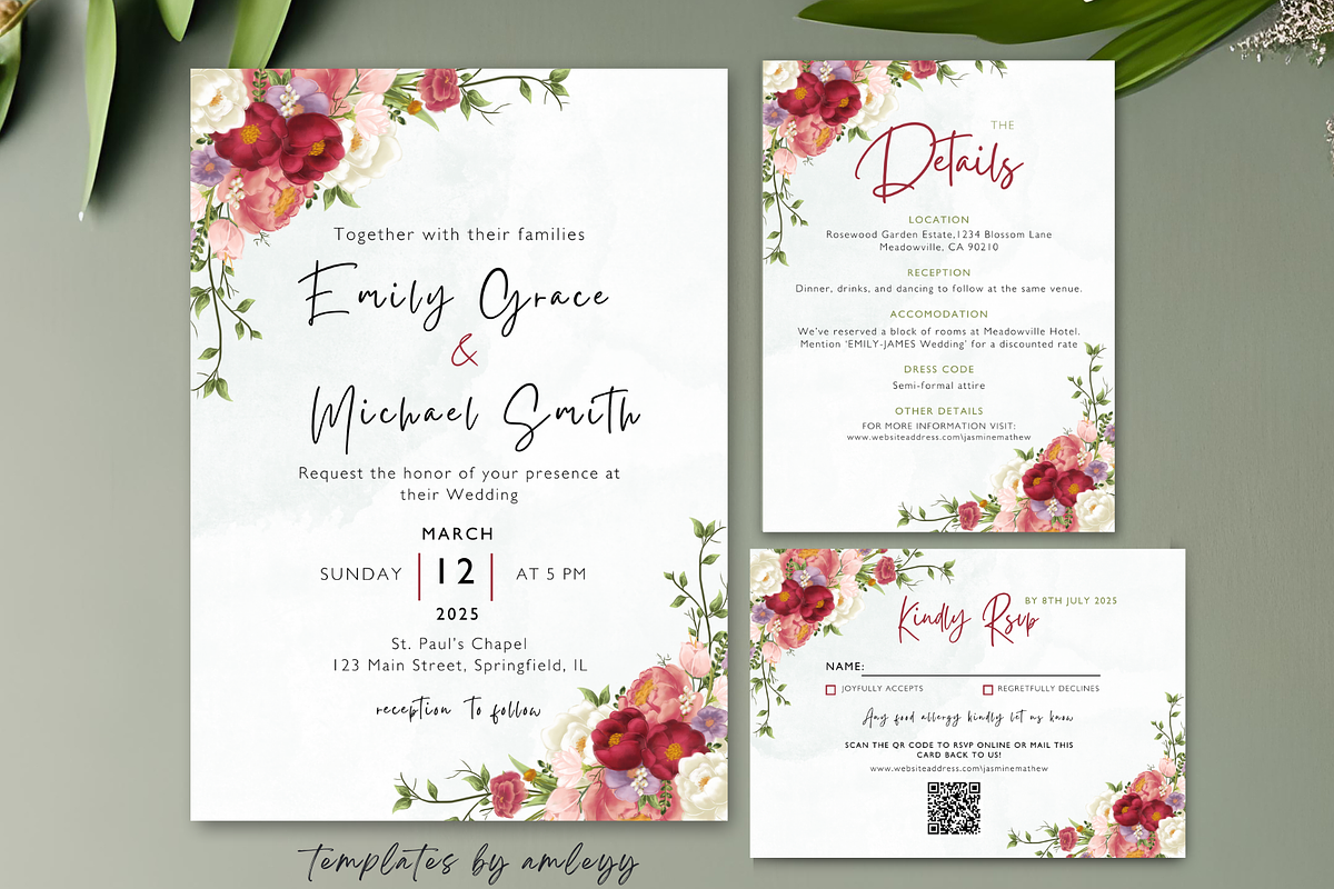 Rose Wedding Invitation Suite,, an Invitation Template by Elegant_Studio44 (Photo 3 of 4)