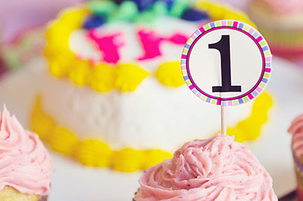 1st birthday portrait stock photo containing pink and first