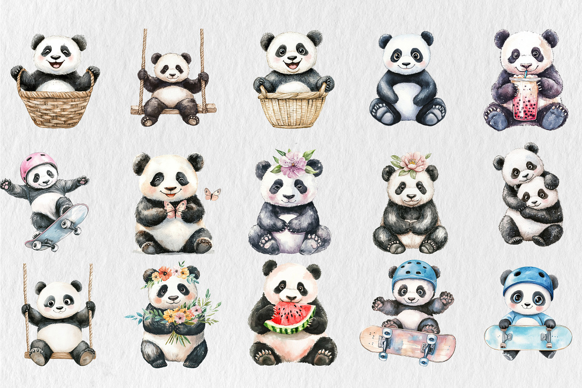 Watercolor Cute Panda Clipart, a Seasonal Illustration by Rose Art (Photo 3 of 4)