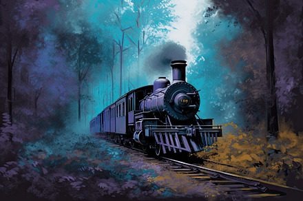 Beautiful and elegant vintage train traveling through a forest in purple and br, a Wallpaper Photo by José Manuel Gelpi
