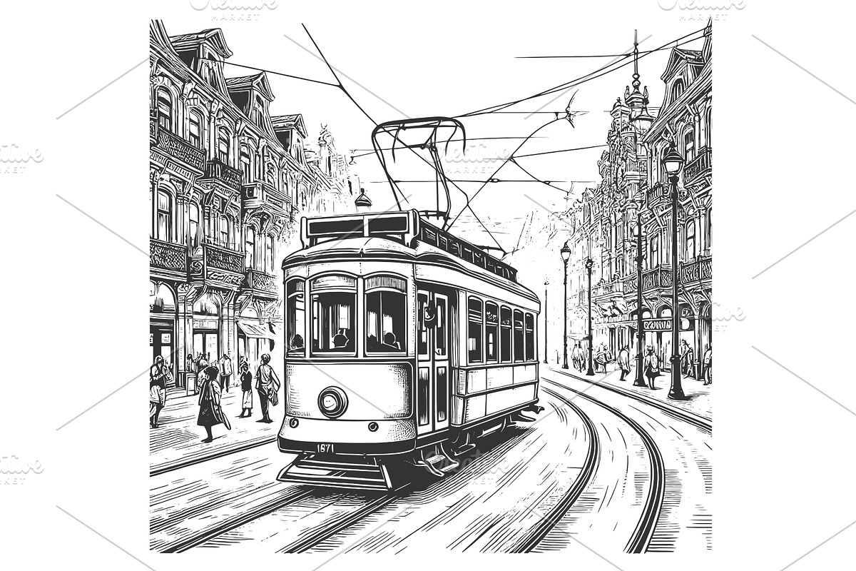 Vintage Tram in Historic City Street, a Transportation Illustration by AlexArt
