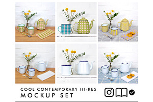 Enamel Teapot And Mugs Mockup Set