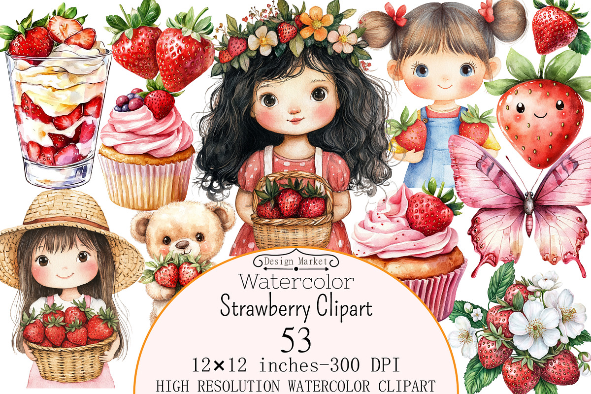 Watercolor Strawberry Clipart, a Seasonal Illustration by Design Market (Photo 1 of 5)