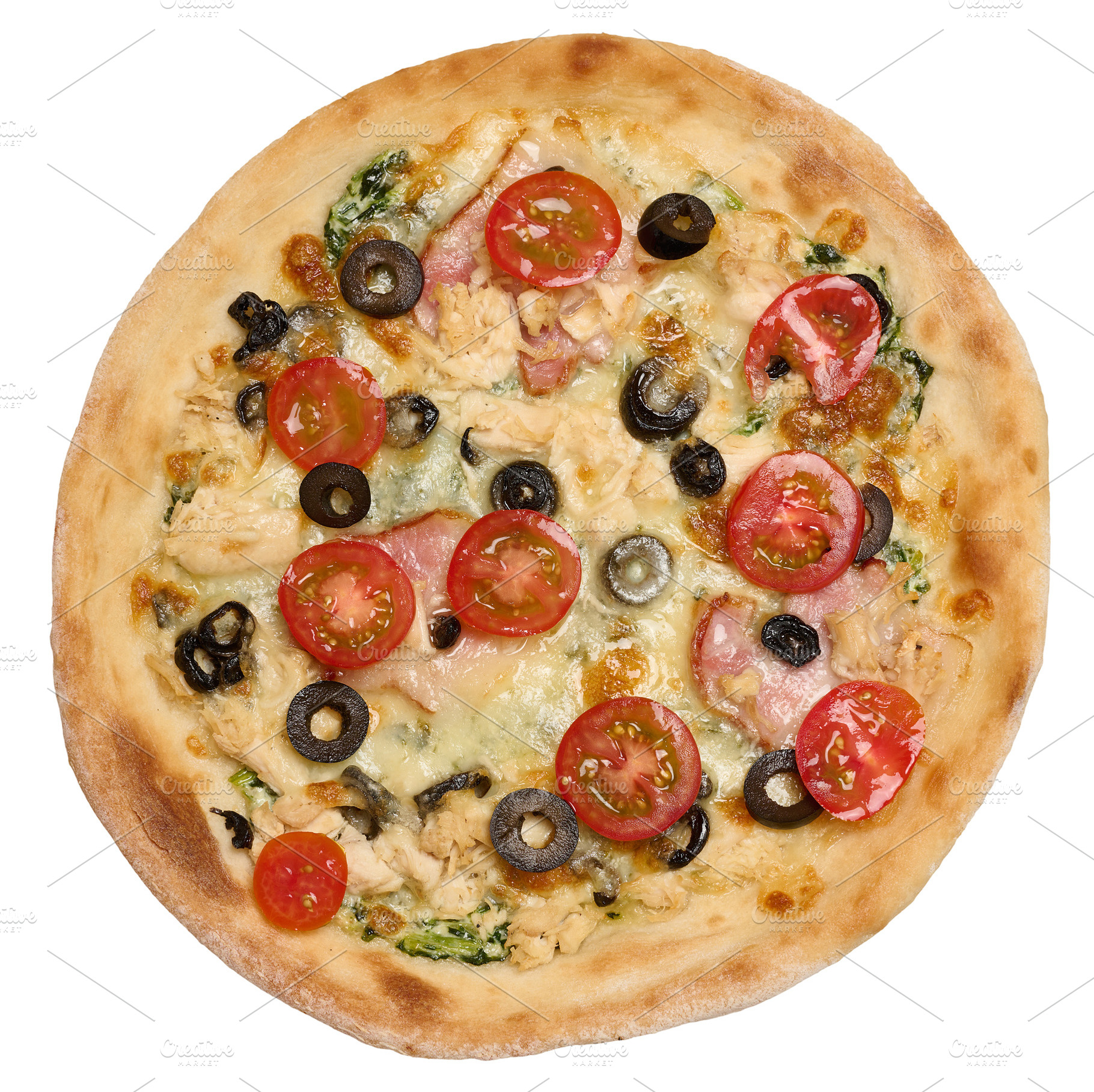 Round pizza with bacon, chicken, olives and cheese, a Food & Drink Photo by ndanko