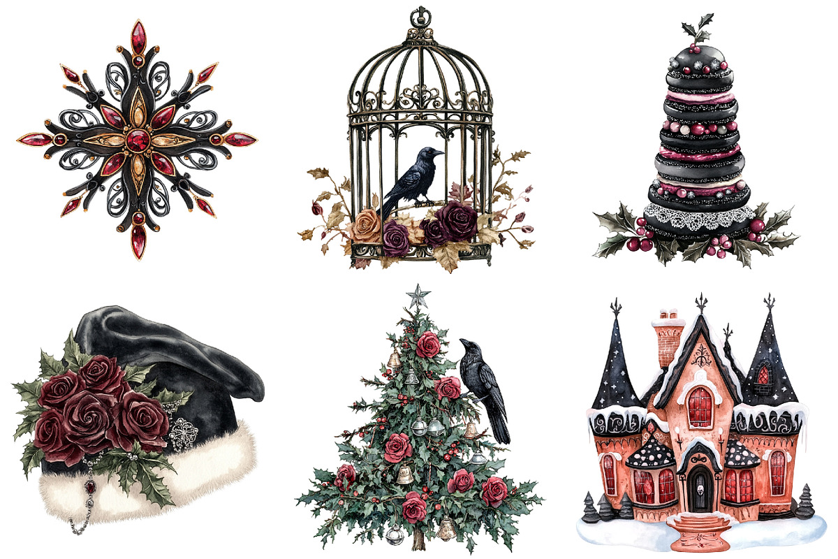 Watercolor Gothic Christmas Clipart, a Seasonal Illustration by CitraGraphics (Photo 2 of 7)