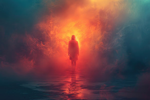 Solitary Figure Walking Toward Glowing Light in Abstract Smoke, a Background Photo by José Manuel Gelpi