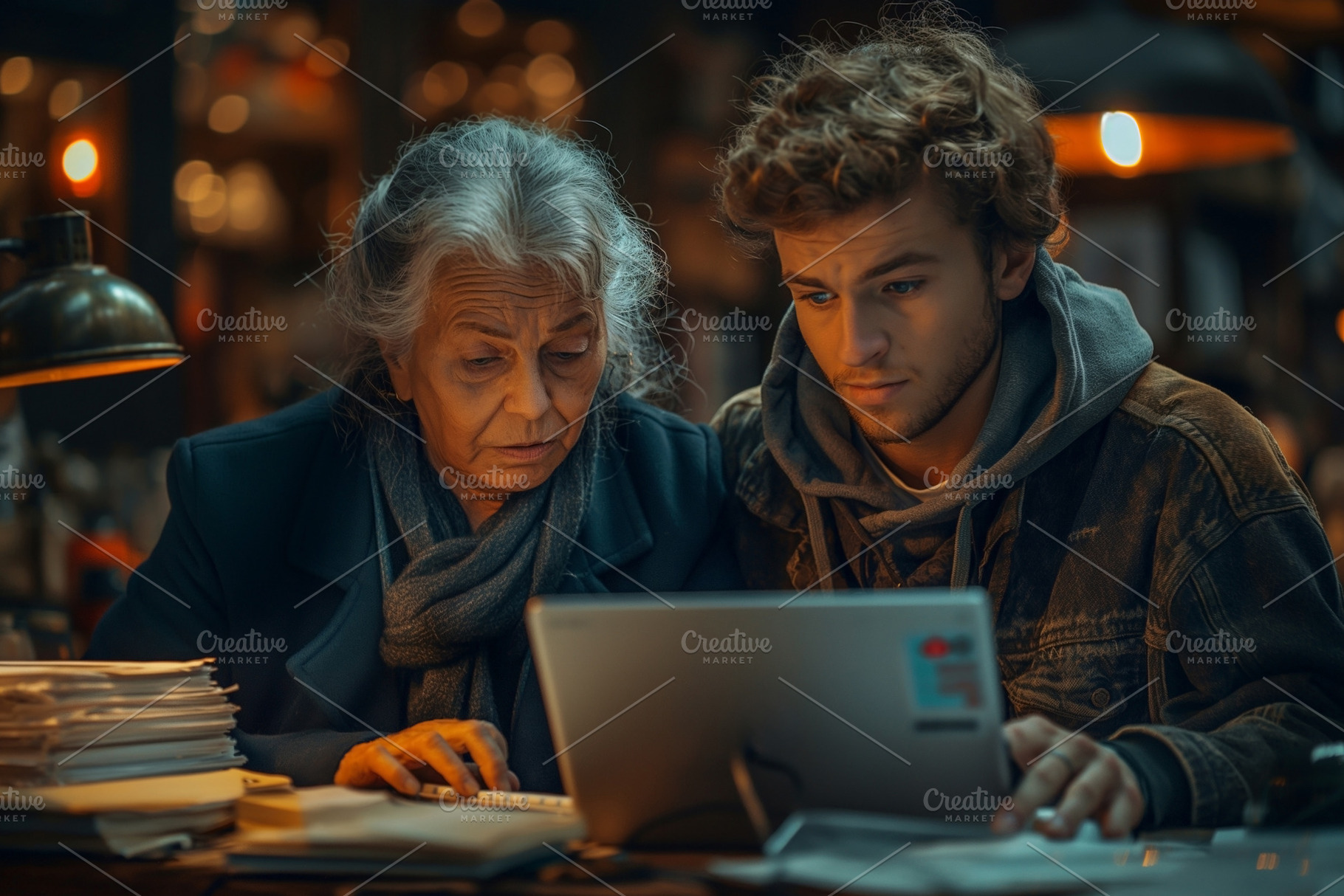 A focused young Caucasian male and an older Caucasian female collaborate on a l, a Person Photo by ImageMir