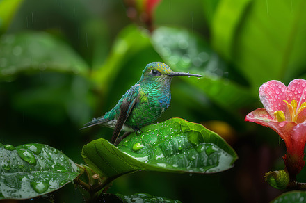 Vibrant Green Violet-ear Hummingbird Resting on Rain-Soaked Leaves Near Colorfu, a Photo by AS photostudio