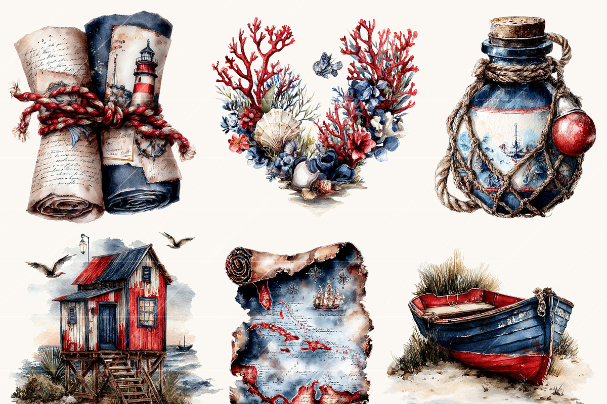 Watercolor Ocean Summer Clipart, a Seasonal Illustration by BusyDaydesign (Photo 5 of 9)