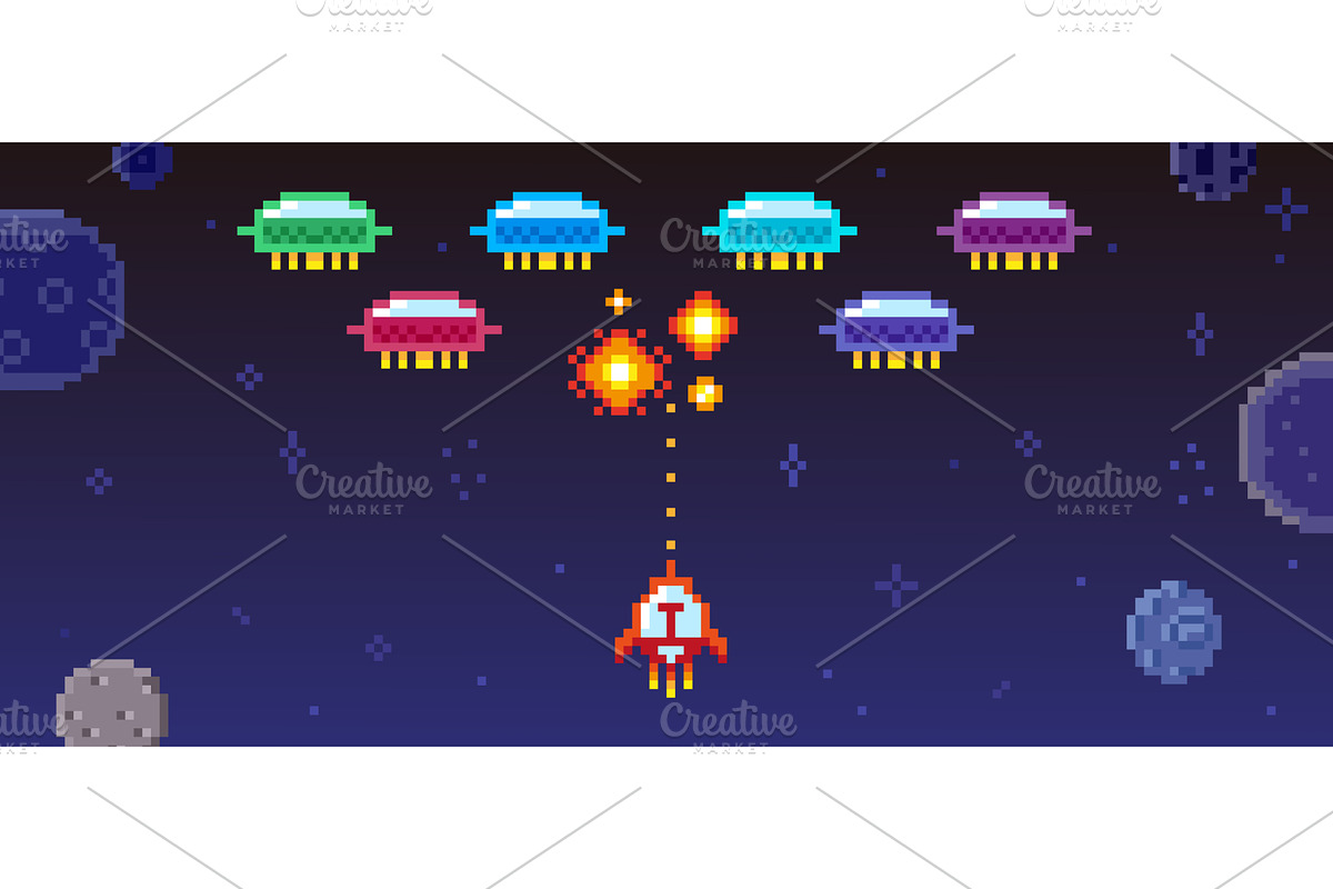 Pixel space arcade game. Spaceship, an Illustration by Valerie Bodnar