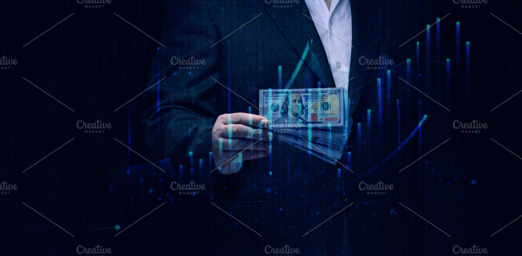 A man in a suit holds a wad of hundred-dollar bills against a ba, a Business Photo by ndanko