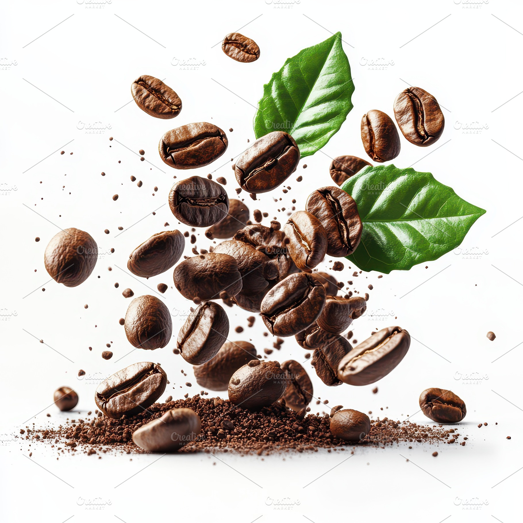 Roasted coffee beans falling with co, a Food & Drink Photo by Pixeness Studio