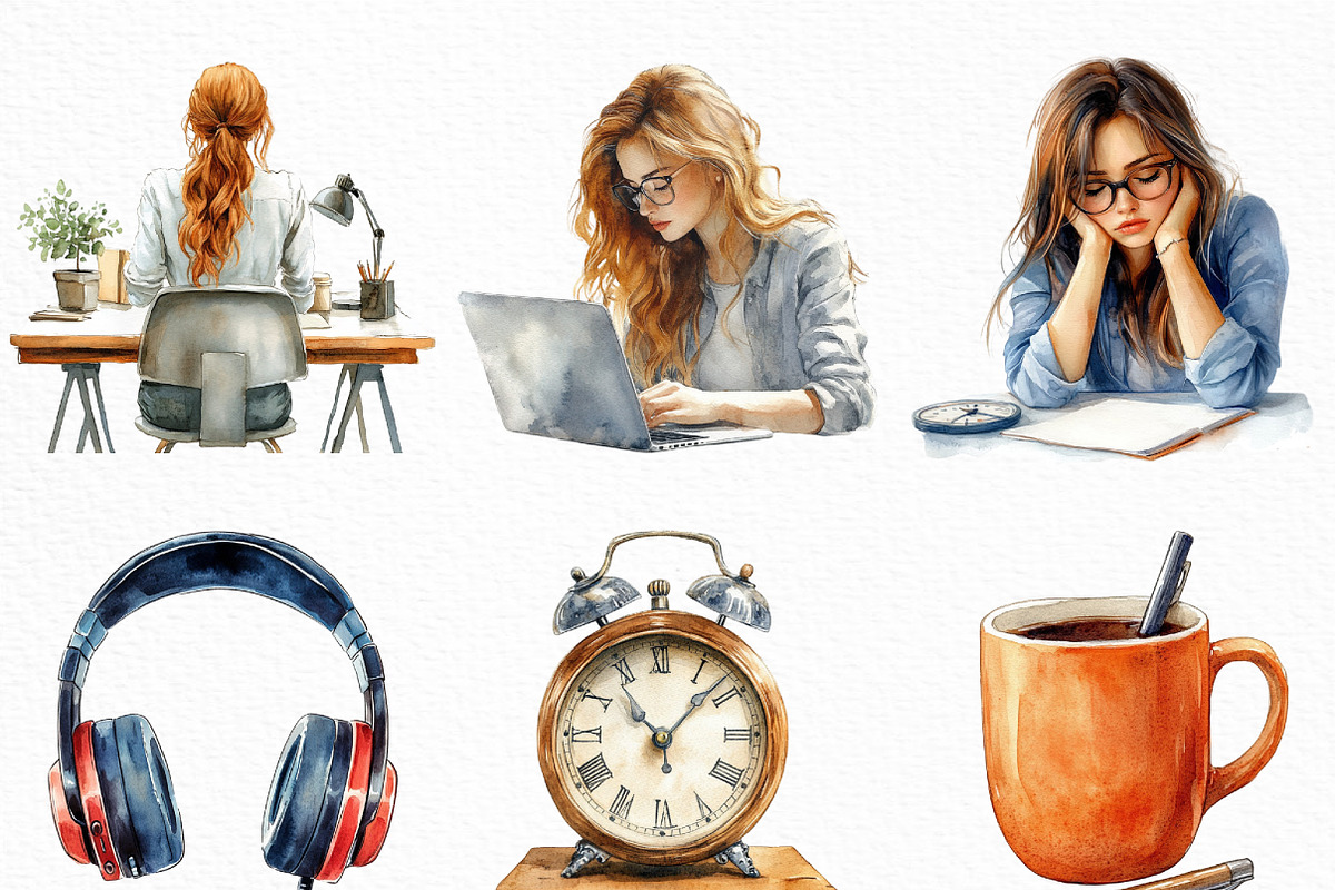 Watercolor Office Time Clipart, an Illustration by Craft Nest (Photo 4 of 6)