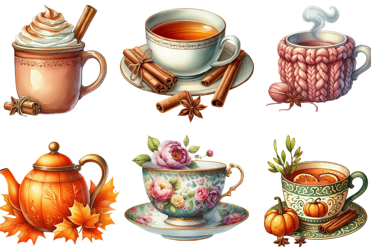Watercolor Autumn Tea Party Clipart, an Illustration by Designking (Photo 3 of 4)