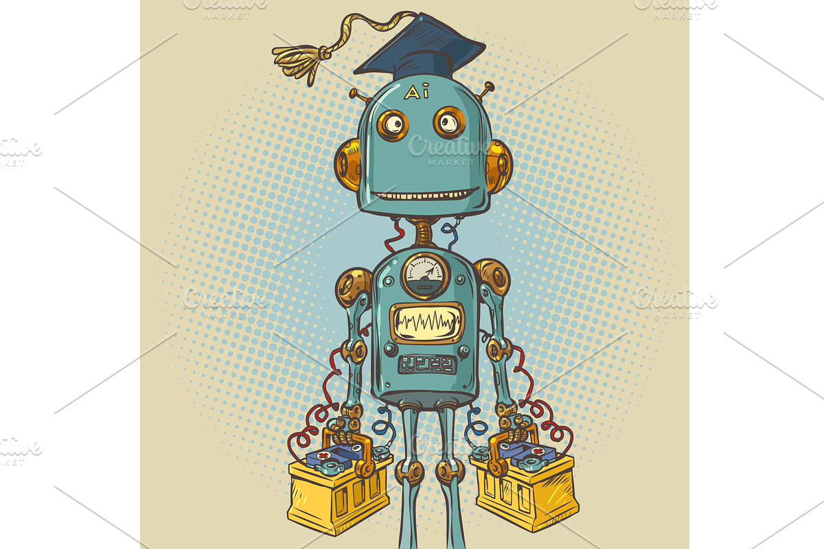 Vintage robot learning. AI with a, a Technology Illustration by rogistok