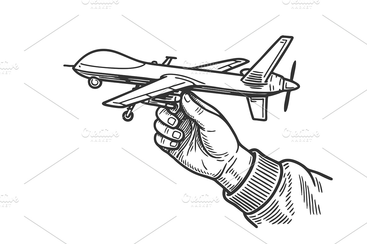 Hand with Drone Toy engraving vector, a Transportation Illustration by AlexArt