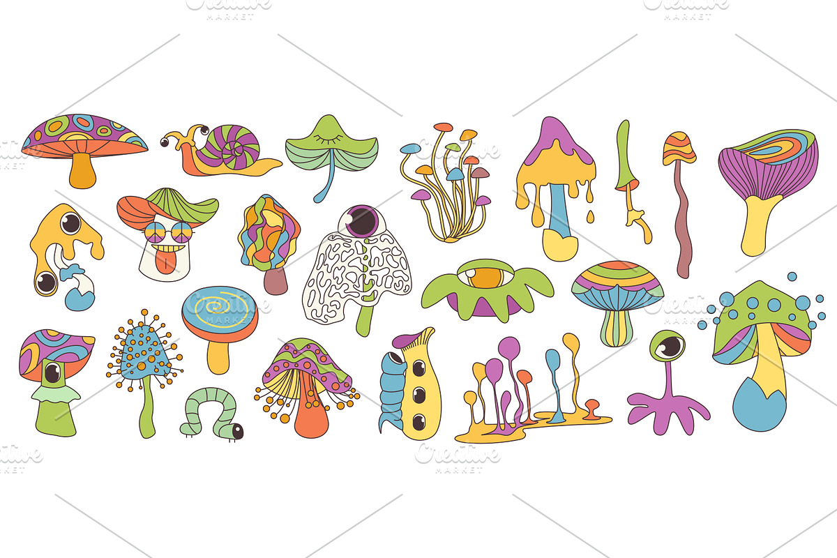 Groovy cartoon psychedelic mushrooms, an Illustration by Lemberg Vector
