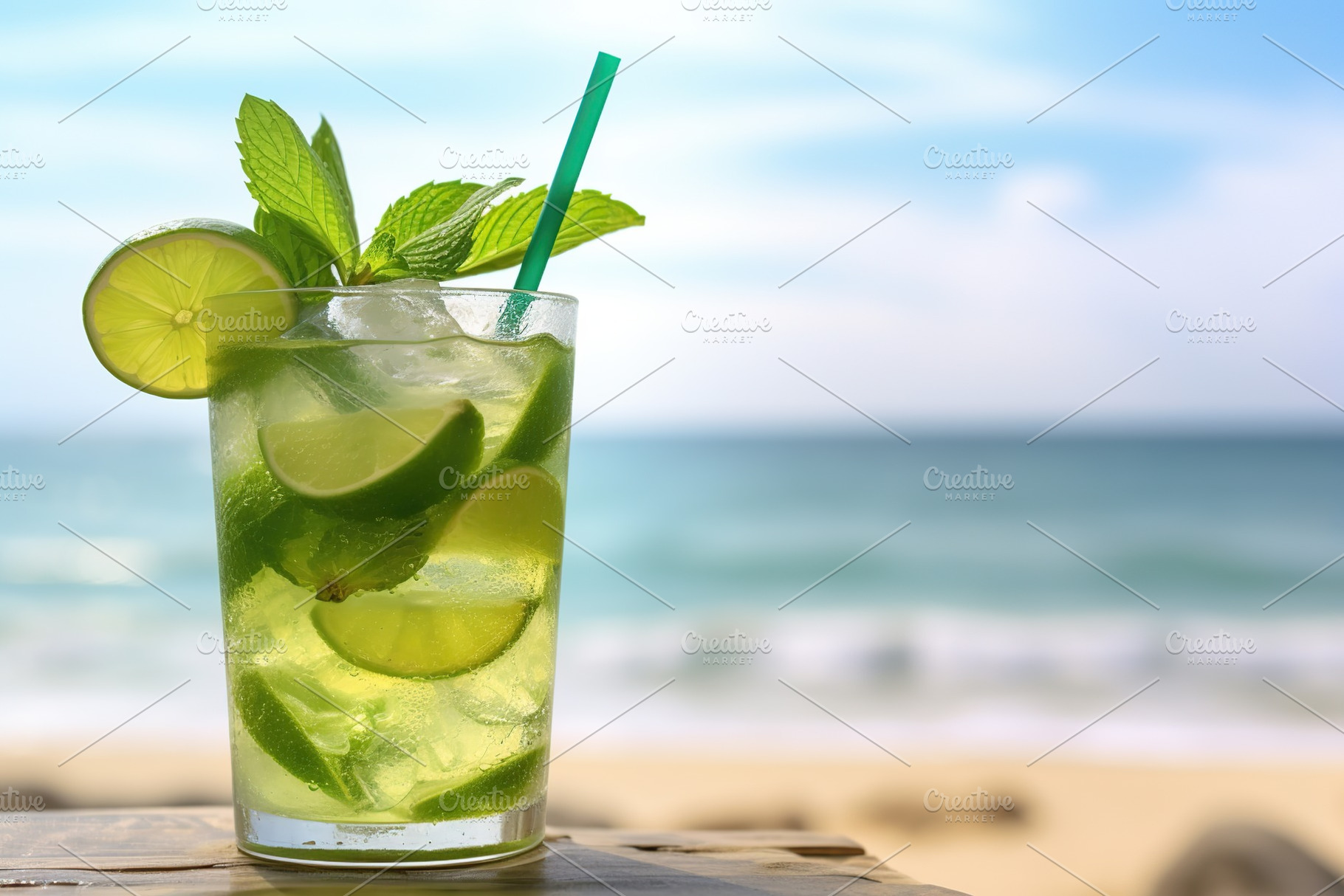 Alcoholic mojito with ice and mint on beach sand, a Food & Drink Photo by AlyaAnd