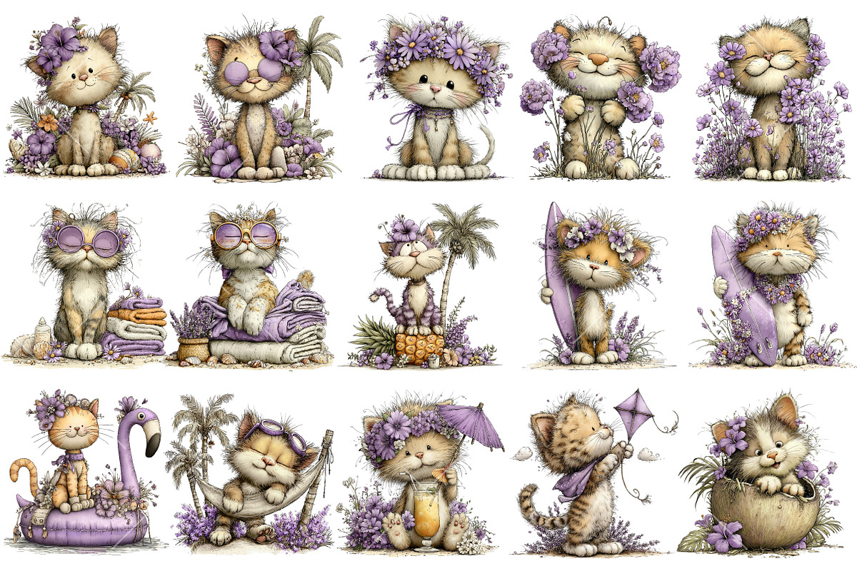 Whimsical Summer Cat Clipart, an Illustration by OK Design (Photo 3 of 6)