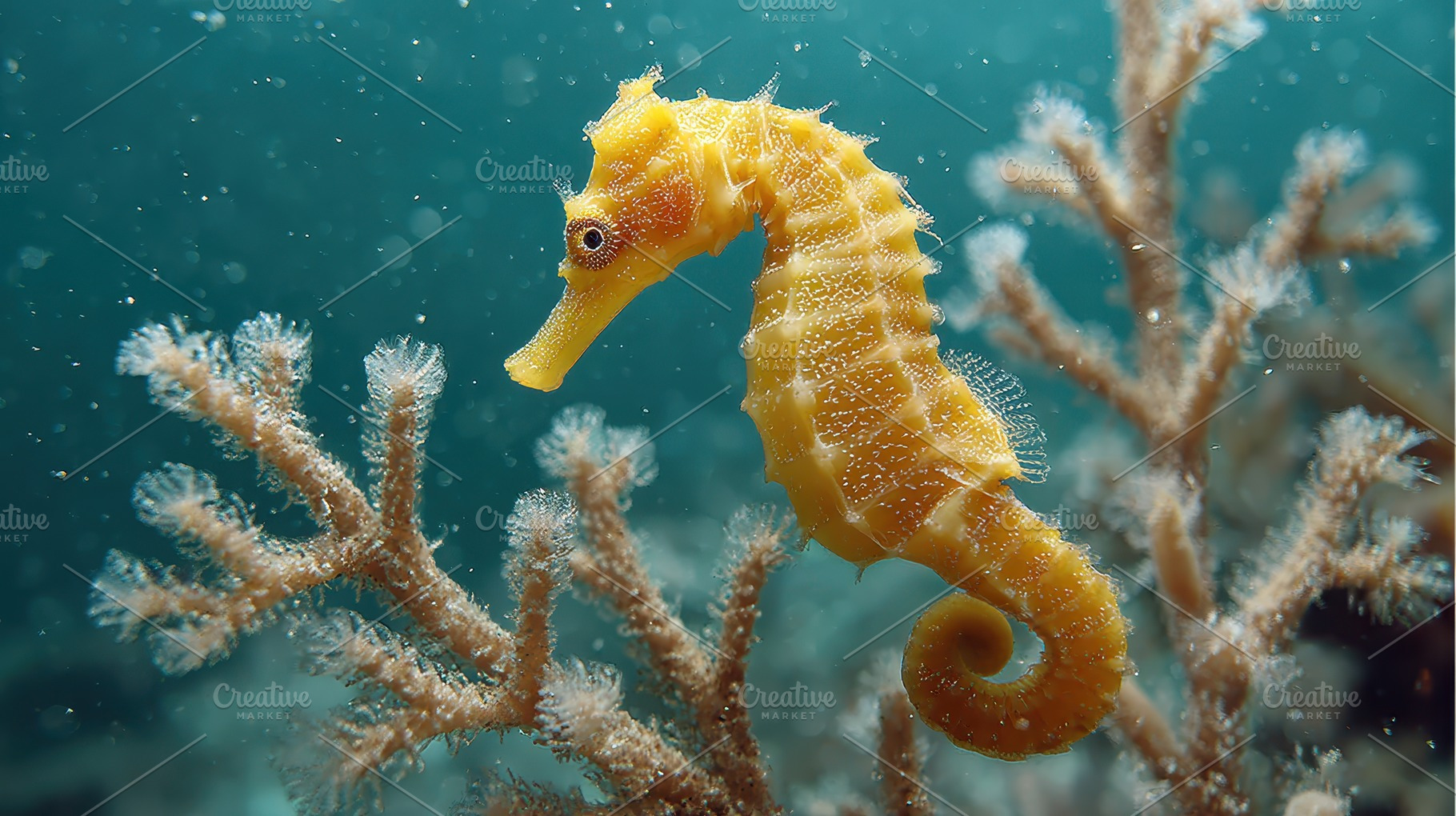 Yellow seahorse on coral reef underw, a Photo by Pixeness Studio