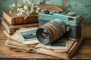 Vintage camera resting on old books, a Photo by Tanuart