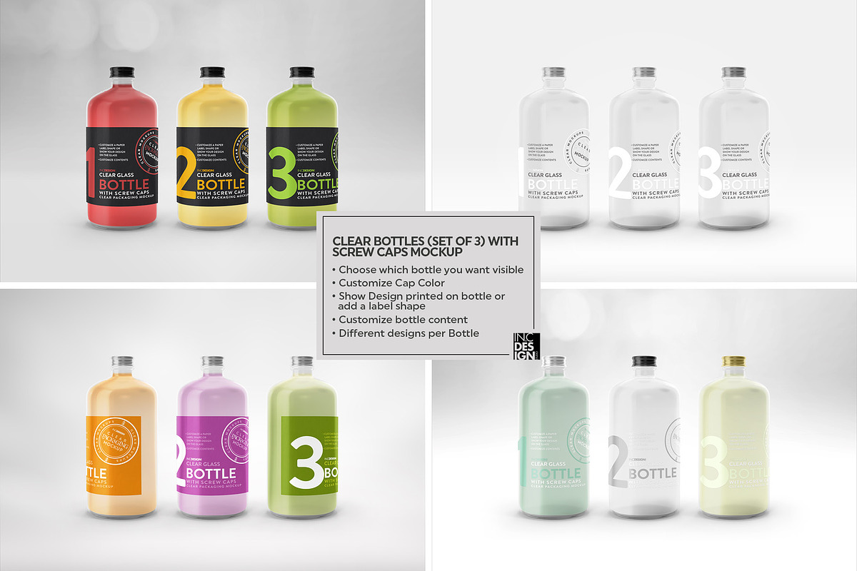 Clear Bottles with Screw Caps Mockup, a Packaging Mockup by INCDesign (Photo 4 of 10)