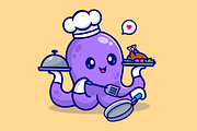 Cute Chef Octopus Serving Food, an Animal Illustration by Catalyst Labs (Thumbnail 1 of 3)