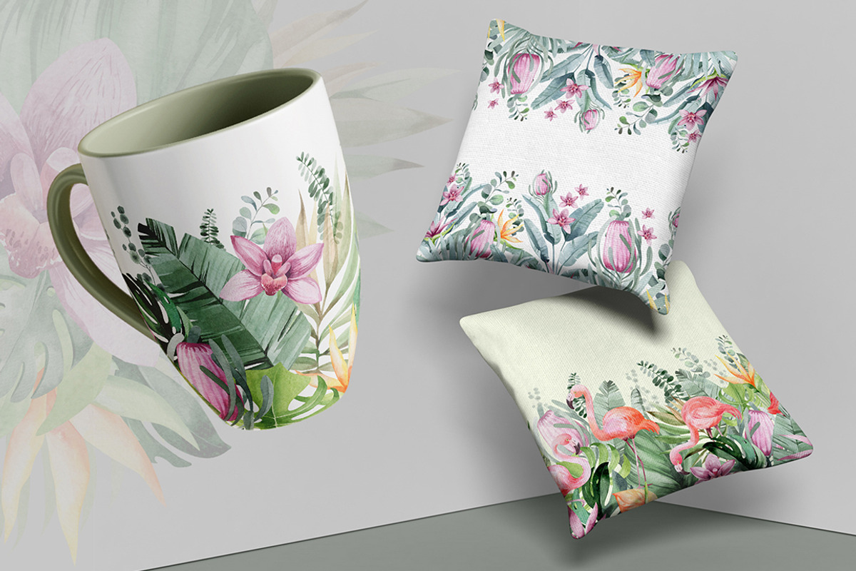 FLAMINGO & FLOWERS  tropical set, a Decorative Illustration by LenArt (Photo 9 of 18)