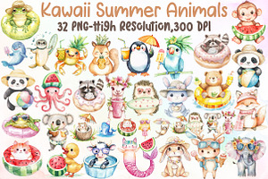 Kawaii Summer Animals Clipart, an Illustration by Sublimation Artist