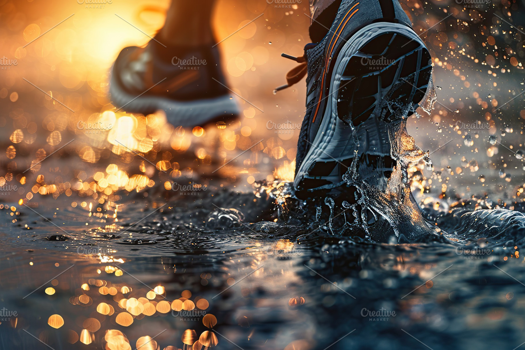Runner running in a rain and splashes from puddle, a Person Photo by AlyaAnd