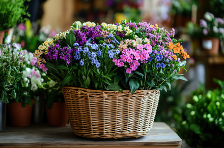 Different spring flowers in wicker basket, a Nature Photo by AlyaAnd
