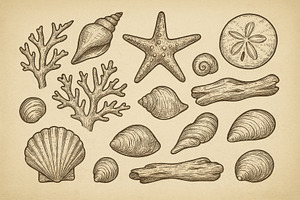 Marine life illustration with seashe, a Photo by Dvoevnore photos