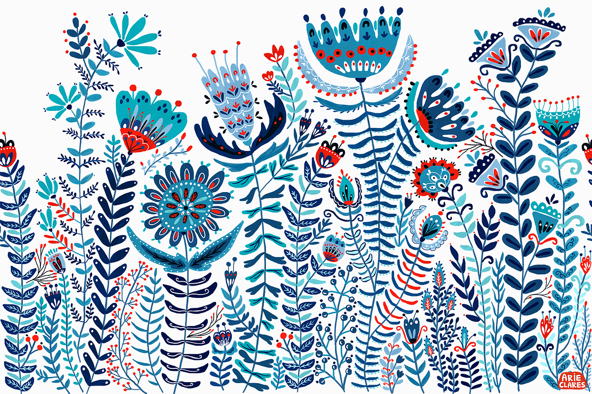 Blue Folk Art Garden, a Pattern Graphic by Arie Clares (Photo 4 of 13)