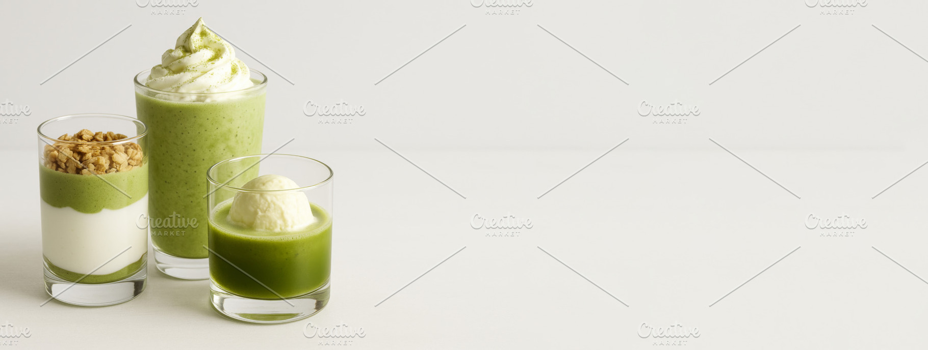 Matcha drink and dessert assortment, a Photo by Dvoevnore photos