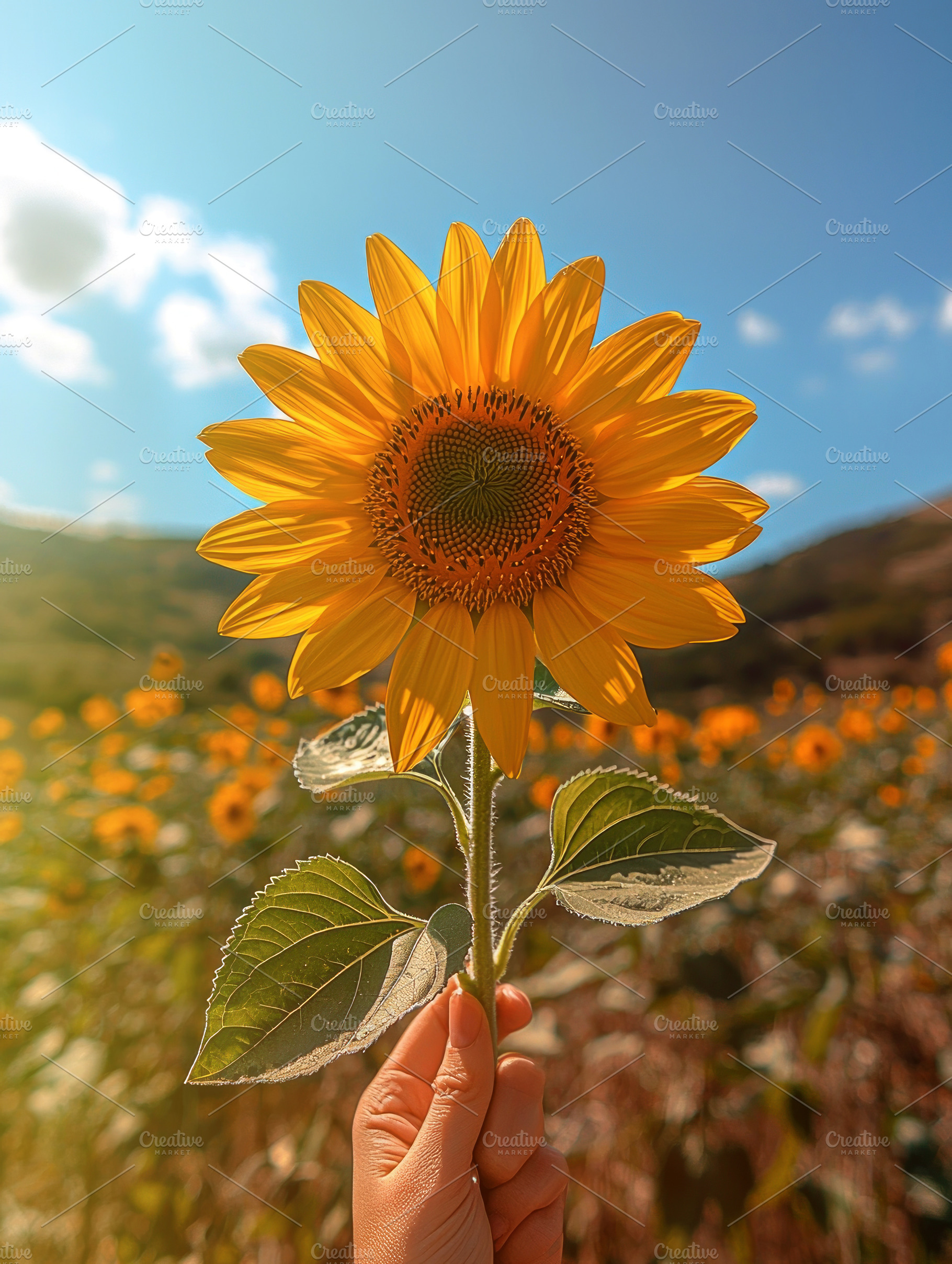 Hand holding a bright yellow sunflower in a blooming field under, a Nature Photo by José Manuel Gelpi