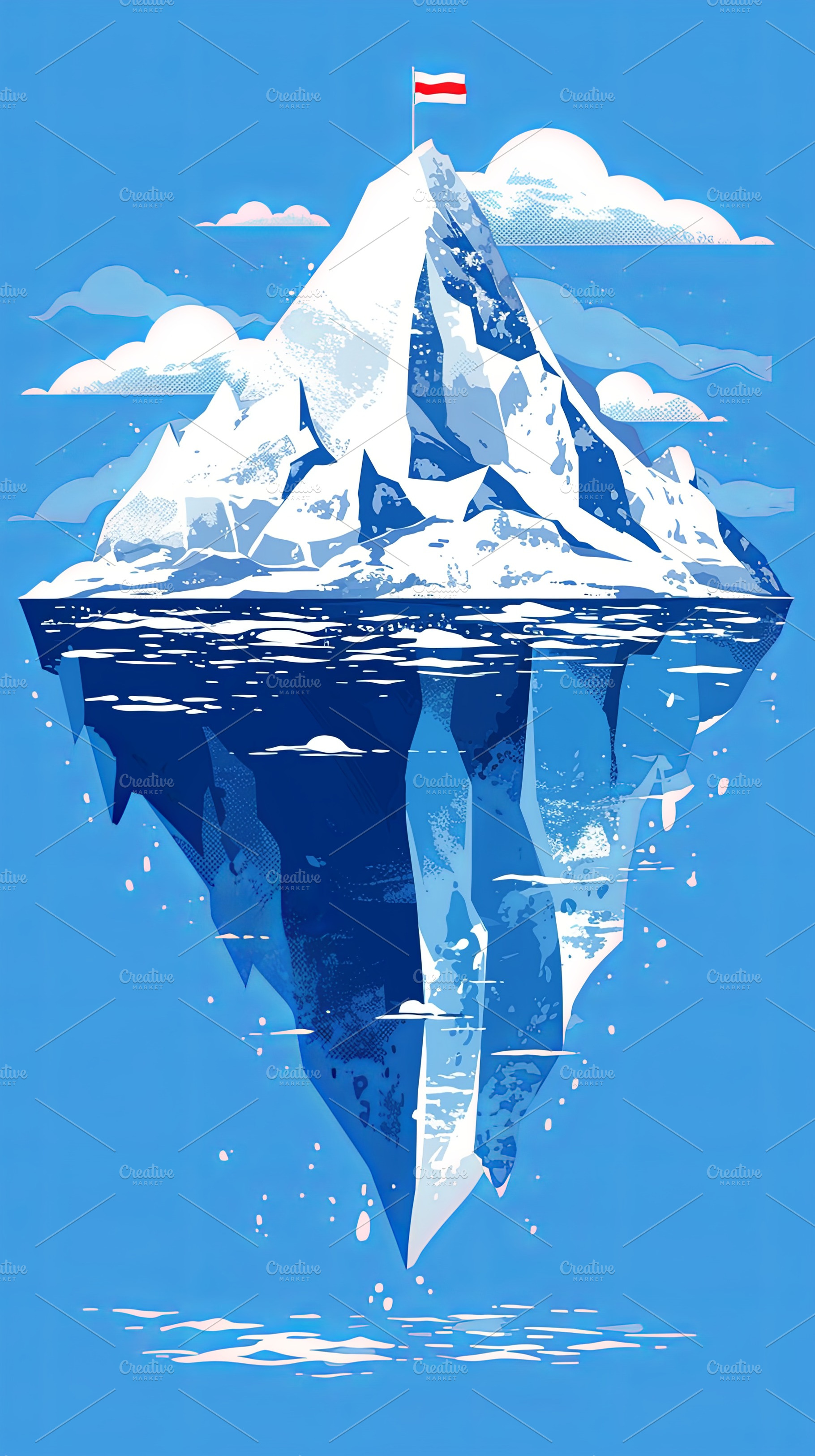 Majestic iceberg floating in ocean with a flag on its summit, a Photo by AS photostudio