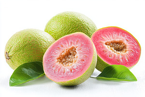 Pink guava fruit halves and whole fr, a Photo by Pixeness Studio