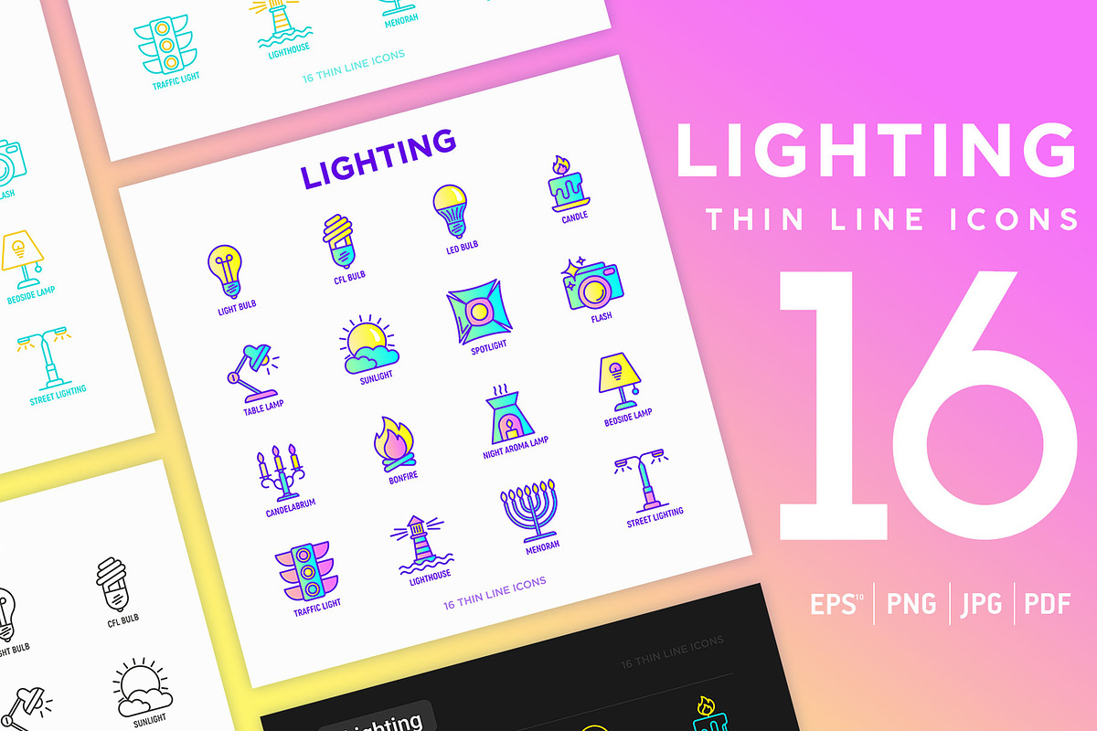 Lighting | 16 Thin Line Icons Set, an Outline Icon by Alex Blogoodf (Photo 1 of 7)