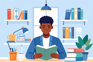 Student deeply concentrated on a book, surrounded by a calm room, an Education Illustration by DanFLCreativo