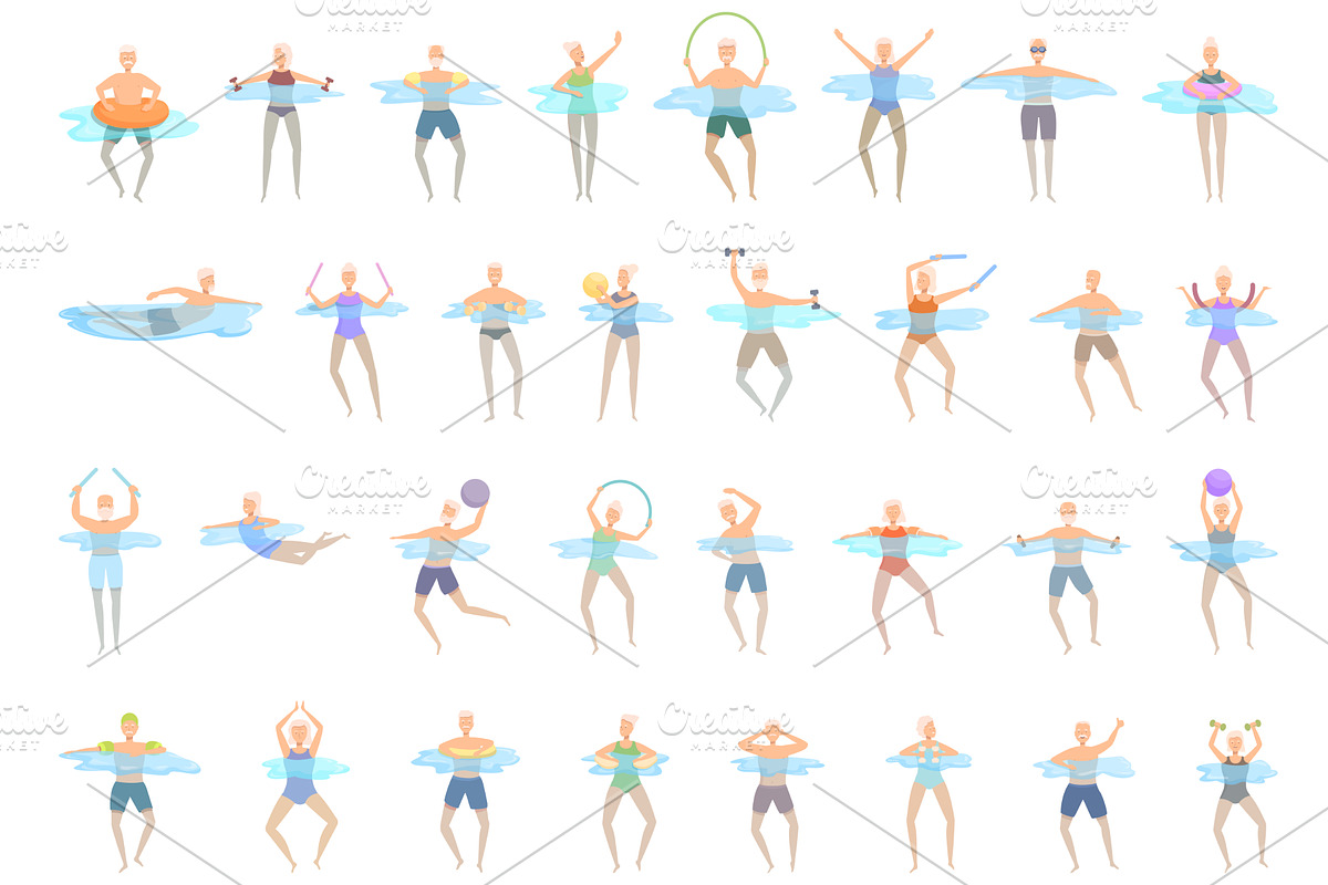 Elderly people swimming icons set, a Sport Illustration by Ylivdesign