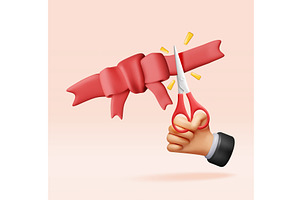 3D Hand with scissors cut red ribbon, an Object Illustration by Abscent